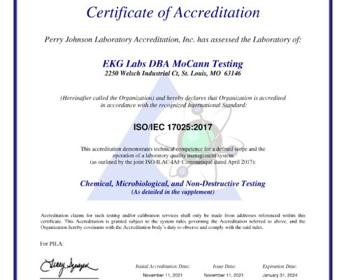 MoCann Testing, a Division of EKG LabsTM, Receives ISO 17025 Certification
